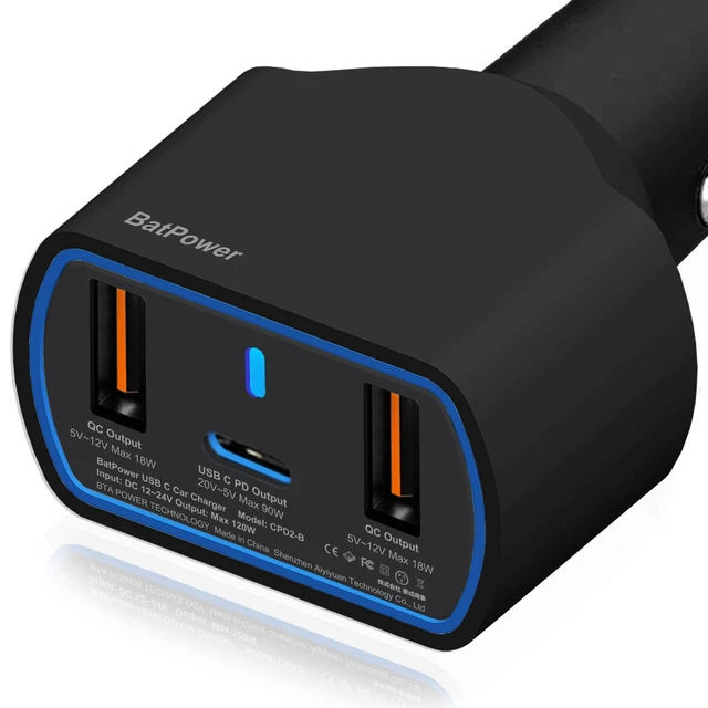 Alt view image 4 of 7 - High Power Delivery 120W USB-C Laptop Car Charger Compatible with Surface Book Laptop 4 3 Pro 10 9 8 X 7 HP Razer Dell USB-C Laptop Vehicle Charger DC 12v-24v Auto Charger
