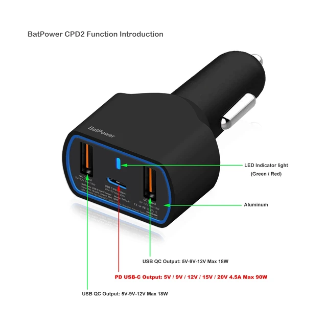 Alt view image 3 of 7 - High Power Delivery 120W USB-C Laptop Car Charger Compatible with Surface Book Laptop 4 3 Pro 10 9 8 X 7 HP Razer Dell USB-C Laptop Vehicle Charger DC 12v-24v Auto Charger