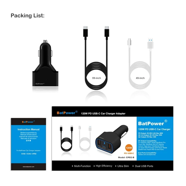 Alt view image 5 of 7 - High Power Delivery 120W USB-C Laptop Car Charger Compatible with Surface Book Laptop 4 3 Pro 10 9 8 X 7 HP Razer Dell USB-C Laptop Vehicle Charger DC 12v-24v Auto Charger