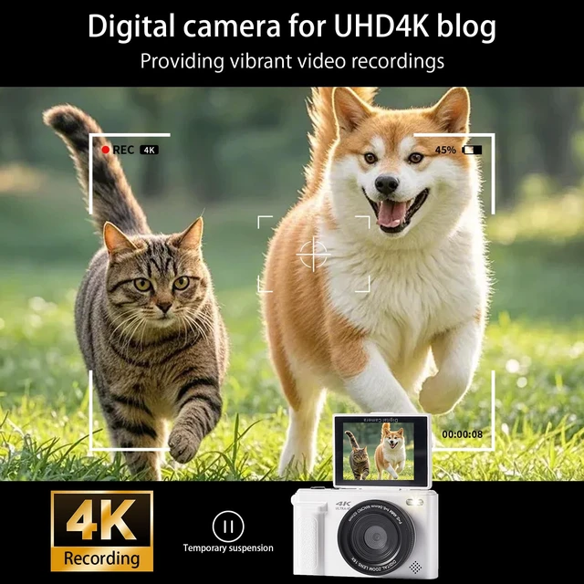 Alt view image 2 of 7 - 4K Digital Camera 64MP Vlogging Camera YouTube 16X Zoom Flip Screen Autofocus Compact Camera with OTG Phone Transfer; for Beginners, Teens; White
