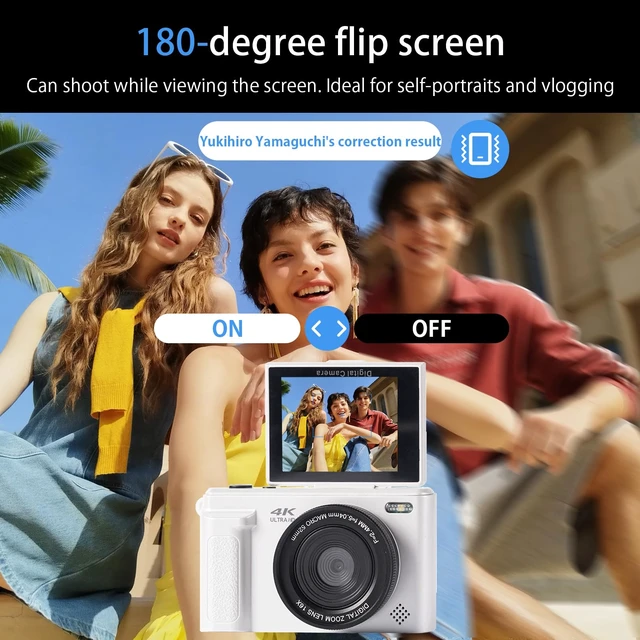 Alt view image 3 of 7 - 4K Digital Camera 64MP Vlogging Camera YouTube 16X Zoom Flip Screen Autofocus Compact Camera with OTG Phone Transfer; for Beginners, Teens; White