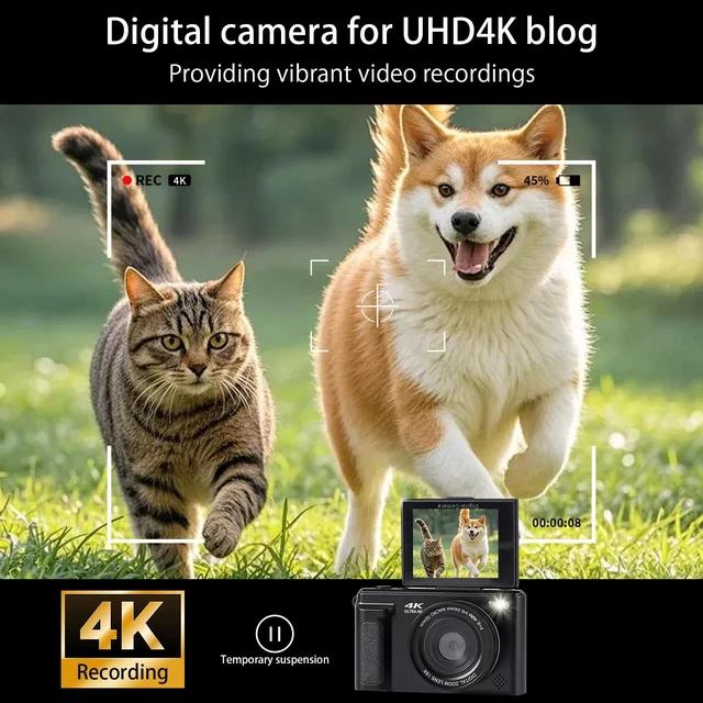 Alt view image 2 of 7 - 4K Digital Camera 64MP Vlogging Camera YouTube 16X Zoom Flip Screen Autofocus Compact Camera with OTG Phone Transfer; for Beginners, Teens; White