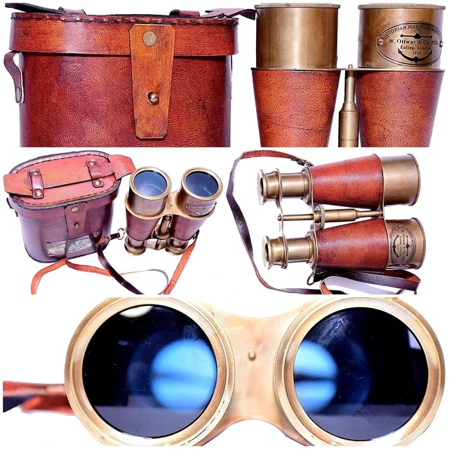 Alt view image 4 of 7 - Antique Victorian Brass Leather Binocular Opera Glasses & Spyglass Brass & leather, 15x magnification, 7 in. tube, 4.5 in. diameter, 500g, handmade, orange leather case included