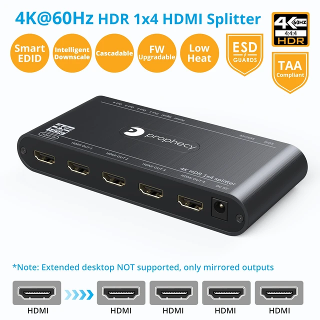 Alt view image 2 of 7 - Prophecy 1x4 HDMI Splitter 4K60Hz HDR (PRO-HDRsplit4P) 4K60 4:4:4, 18Gbps, auto scaling, HDCP 2.2, EDID, 3D, firmware upgrade, TAA; 1 input, 4 outputs