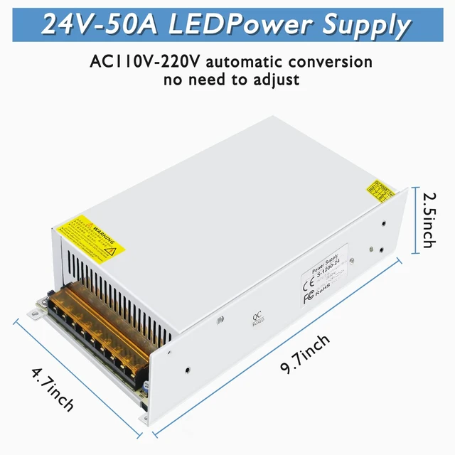 Alt view image 2 of 7 - DC Power Supply 24V 1200W, AC 110V-220V to DC 24V 50A 1200W Universal Regulated Switching AC to DC Converter Built-in Cooling Fan for LED Strip Light CCTV Computer Project 3D Printer
