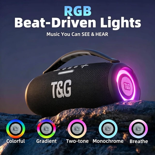 Alt view image 2 of 7 - TG Bluetooth Ourdoor Speaker with Bass, 60W Loud Boombox IPX5 Waterproof Speaker for travel, USB / TF / FM Radio, RGB Light, Party Gift, Black