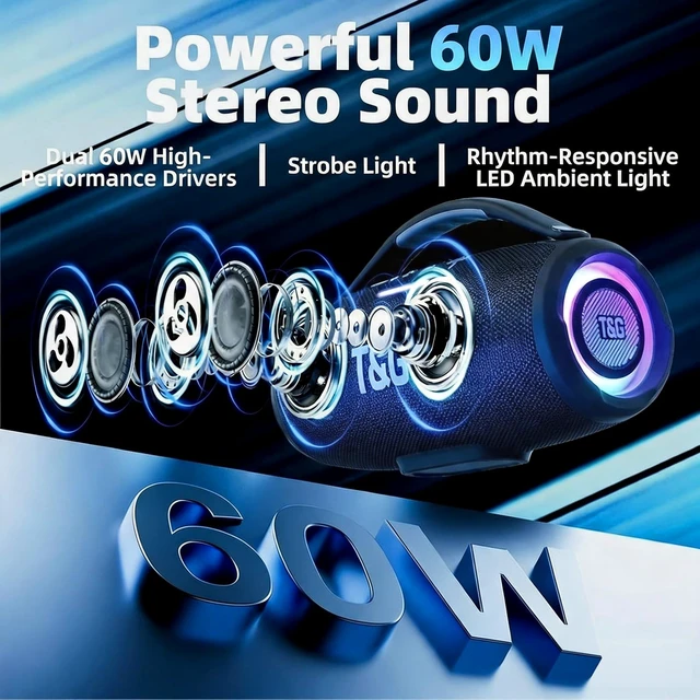 Alt view image 3 of 7 - TG Bluetooth Ourdoor Speaker with Bass, 60W Loud Boombox IPX5 Waterproof Speaker for travel, USB / TF / FM Radio, RGB Light, Party Gift, Black