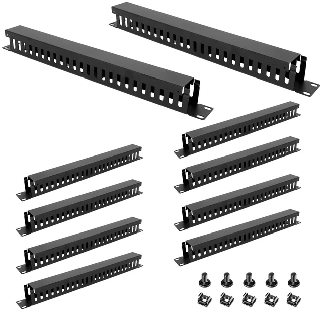 Main image of 10 Pcs 19 Inch Cable Manager with Cover and Screw 1U 24 Slot Cable Mount Management Server Horizontal Rack Raceway Organizer Metal Finger Duct for Wall Cord Wire Network (Black