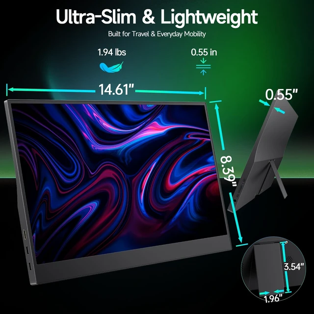 Alt view image 6 of 7 - 15.6" Portable Monitor for Laptop, USBC HDMI Laptop Screen Extender FHD 1080P Ultra-Slim Travel IPS Display with HDR,100% sRGB VESA & Built-in Speakers for Mac Phone PS5 Xbox Switch