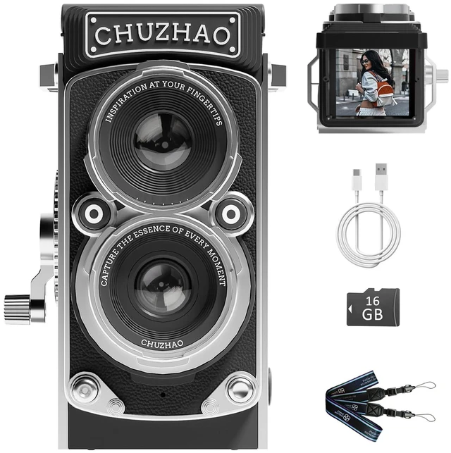 Main image of CHUZHAO Vintage Mini Digital Camera, Retro-Style Point and Shoot,16GB Card 1080P Video, 12MP Photo Autofocus, Portable Compact Pocket Camera, for Beginners Teens Adults, Black