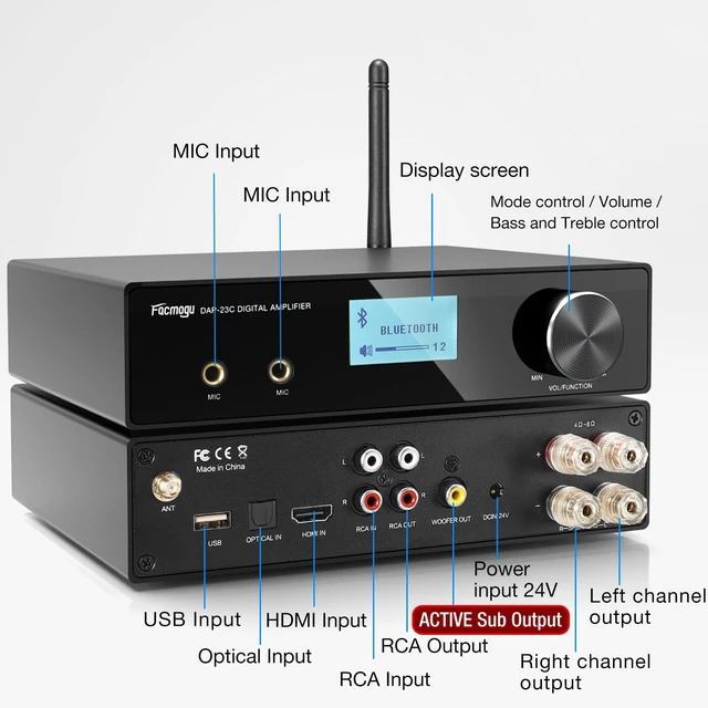Alt view image 4 of 7 - DAP-23C 2.1CH 200W Karaoke Wireless Bluetooth Amplifier Receiver w/Subwoofer Output, HDMI ARC/Optical/MIC In, RMS 60Wx2 Home Theater Audio Stereo Digital Amp Treble/Bass/Echo/USB/RCA