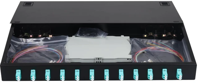 Main image of 24 Fibers Port LC OM3 Multimode Rack Mount Enclosure Box with 12 Duplex Multimode couplers & pigtails, 24 Core LGX Patch Panel Box fits for 19" Racks Cabinet, Fiber termination kit