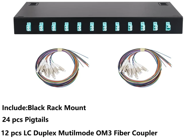 Alt view image 2 of 4 - 24 Fibers Port LC OM3 Multimode Rack Mount Enclosure Box with 12 Duplex Multimode couplers & pigtails, 24 Core LGX Patch Panel Box fits for 19" Racks Cabinet, Fiber termination kit