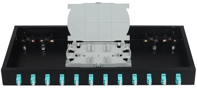 Alt view image 3 of 4 - 24 Fibers Port LC OM3 Multimode Rack Mount Enclosure Box with 12 Duplex Multimode couplers & pigtails, 24 Core LGX Patch Panel Box fits for 19" Racks Cabinet, Fiber termination kit