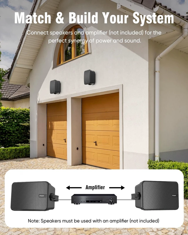 Alt view image 2 of 7 - 6.5" Outdoor Passive Speakers, 50W Each Weatherproof Wall Mount Speaker, Wired PA System with Full-Range Sound, Includes Brackets for Pool, Patio, Garage & Indoor Use (Pair, Black)