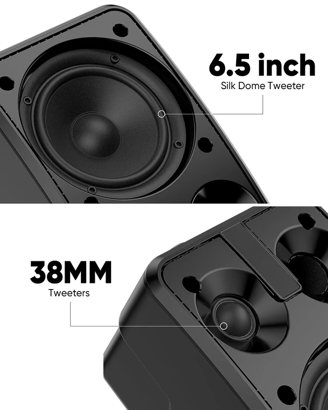 Alt view image 3 of 7 - 6.5" Outdoor Passive Speakers, 50W Each Weatherproof Wall Mount Speaker, Wired PA System with Full-Range Sound, Includes Brackets for Pool, Patio, Garage & Indoor Use (Pair, Black)