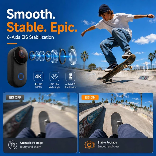 Alt view image 4 of 7 - 4K Ultra HD Action Camera, 6-Axis Electronic Image Stabilization, 154° Wide Angle Lens, Waterproof Sports Camera with WiFi, 5H Battery Life with Charging Case (Black, 64GA)
