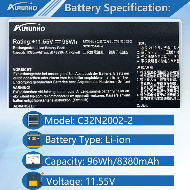 Alt view image 2 of 7 - C32N2002-2 96Wh Laptop Battery Replacement for Asus ZenBook Pro 15 Flip OLED UP6502ZA UP6502ZA-M8006W UP6502ZD UP6502ZD-M8007W Series 0B200-04230000 3ICP7/54/64-2