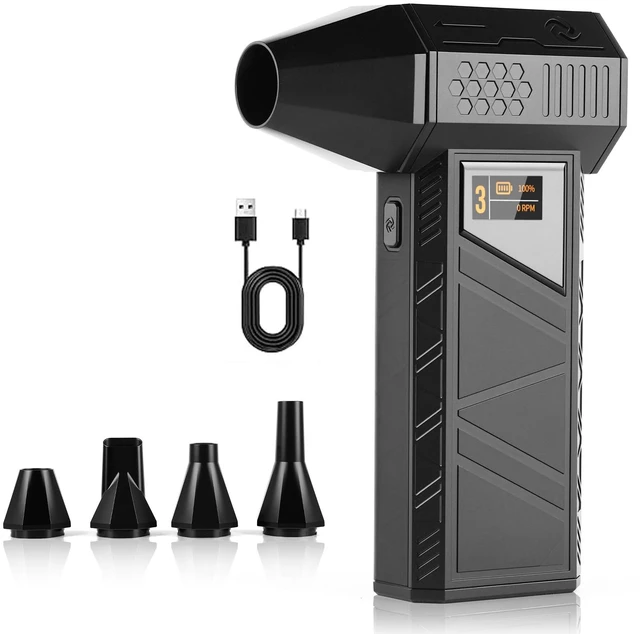 Main image of Turbo Fan 70m/s Cordless Air Duster for Car PC Home Office Smart display shows speed & battery. 70m/s max, brushless motor. 4 nozzles, USB-C, phone charger. For car, PC, home, office