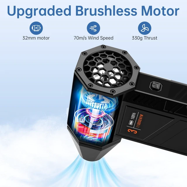 Alt view image 2 of 6 - Turbo Fan 70m/s Cordless Air Duster for Car PC Home Office Smart display shows speed & battery. 70m/s max, brushless motor. 4 nozzles, USB-C, phone charger. For car, PC, home, office