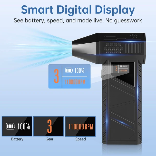 Alt view image 3 of 6 - Turbo Fan 70m/s Cordless Air Duster for Car PC Home Office Smart display shows speed & battery. 70m/s max, brushless motor. 4 nozzles, USB-C, phone charger. For car, PC, home, office