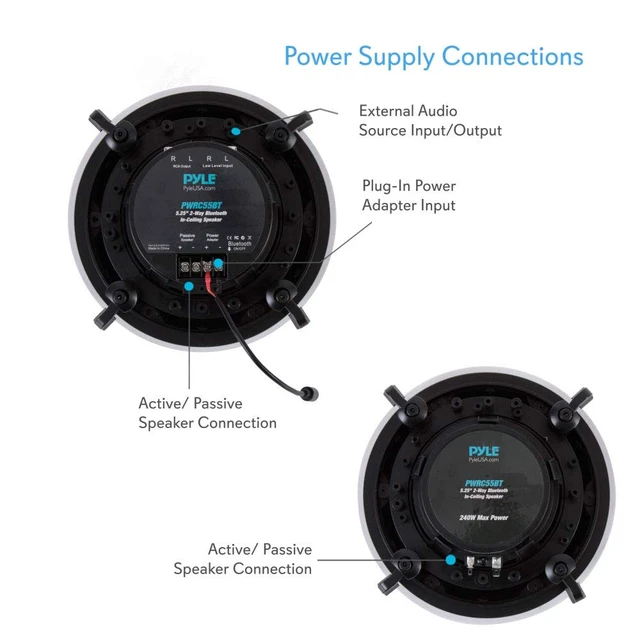 Alt view image 4 of 7 - Ceiling and Wall Mount Speaker - Wireless Bluetooth 5.25 Dual 2-Way Audio Stereo Sound Subwoofer Kit with, 240 Watts, in-Wall & in-Ceiling Flush Mount for Home Surround System - PWRC55BT