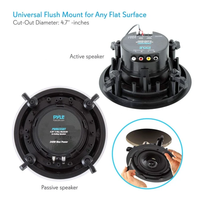 Alt view image 5 of 7 - Ceiling and Wall Mount Speaker - Wireless Bluetooth 5.25 Dual 2-Way Audio Stereo Sound Subwoofer Kit with, 240 Watts, in-Wall & in-Ceiling Flush Mount for Home Surround System - PWRC55BT