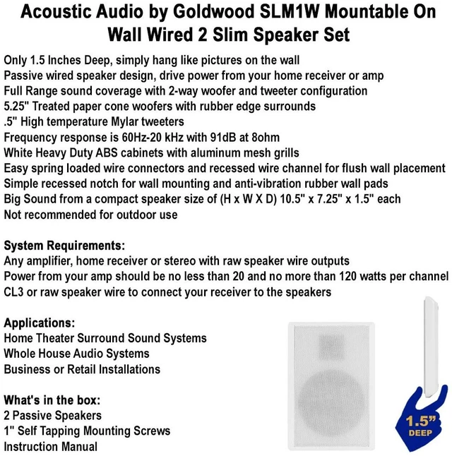 Alt view image 7 of 7 - SLM1W Mountable On Wall Slim Speakers Home Theater Wired Pair Pack, White