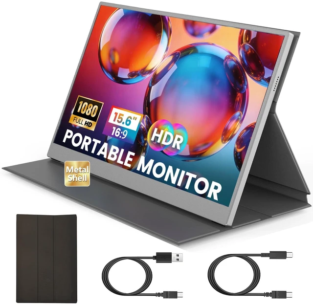 Main image of Portable Monitor 15.6 inch FHD 1080P IPS Laptop Monitor Extender Screen Ultra-Slim Travel Monitor with Dual Speakers, USB-C Port, Mini-HDMI External metal Monitor for Laptop PC Phone Mac - Grey