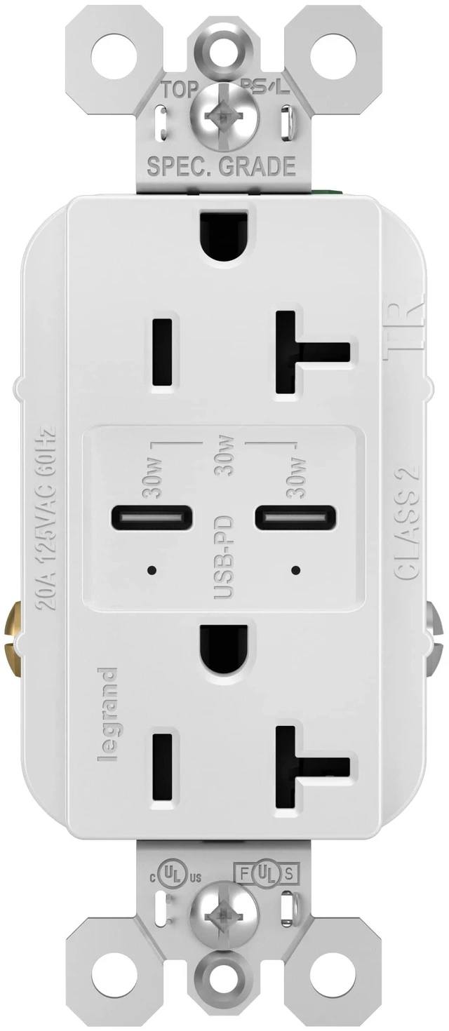 Main image of 20A Spec Ultra Fast 30W Power Delivery USB Type C Outlet White 1pk Pass & Seymour USB Charging for Laptops Tablets and Phones, Child-Safe Tamper Resistant Shutter, Specification Grade