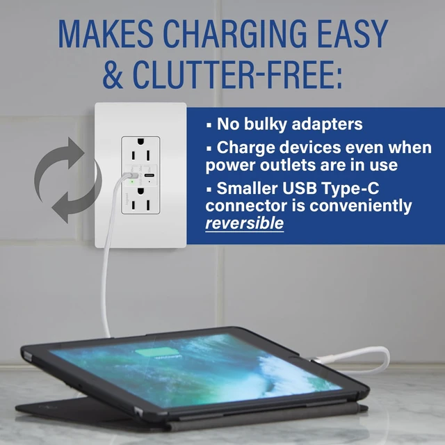 Alt view image 3 of 6 - 20A Spec Ultra Fast 30W Power Delivery USB Type C Outlet White 1pk Pass & Seymour USB Charging for Laptops Tablets and Phones, Child-Safe Tamper Resistant Shutter, Specification Grade