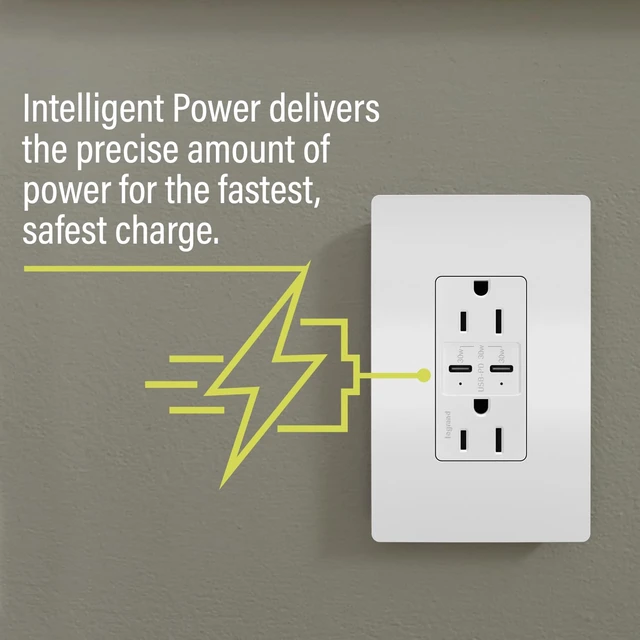 Alt view image 4 of 6 - 20A Spec Ultra Fast 30W Power Delivery USB Type C Outlet White 1pk Pass & Seymour USB Charging for Laptops Tablets and Phones, Child-Safe Tamper Resistant Shutter, Specification Grade
