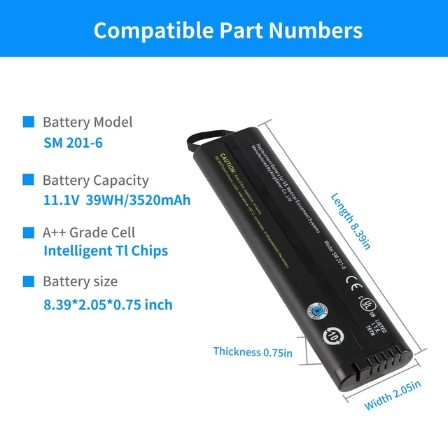 Alt view image 4 of 6 - 39Wh 11.1V SM201-6 Battery for G E Dash & B Series Monitor Compatible with Dash 3000 4000 5000 GE fits B20 B30 B40 B20I B30I B40I MT9083 MTS-5000 E6000C direct drop-in replacement