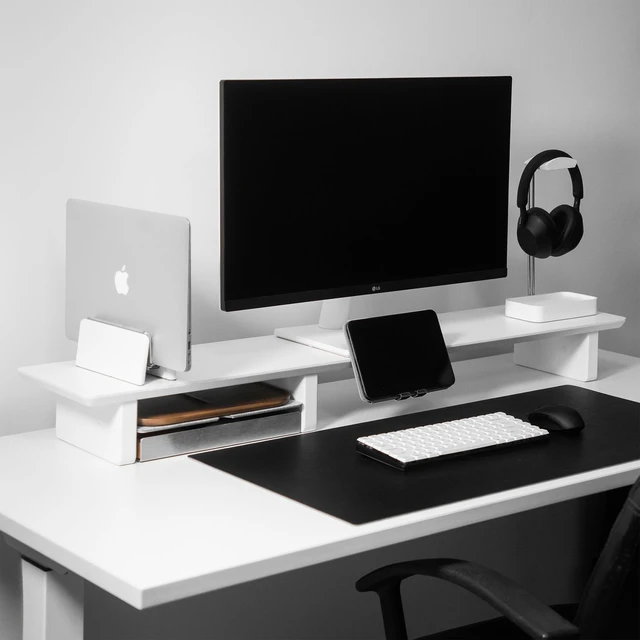 Alt view image 5 of 7 - Verical Laptop Stand MacBook Walnut Wood Dual Laptop Vertical Setup Holder Stand (Matte White, Single Slot Adjustable)