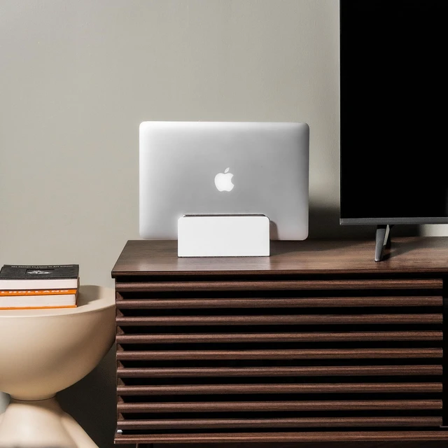 Alt view image 4 of 7 - Verical Laptop Stand MacBook Walnut Wood Dual Laptop Vertical Setup Holder Stand (Matte White, Single Slot Adjustable)