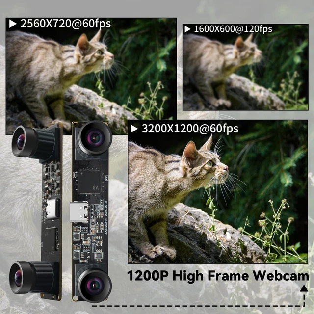 Alt view image 3 of 7 - Stereo Camera Module 1200P Global Shutter USB Camera Module 120fps High Speed Camera, Sync Webcam with No Distortion Dual Lens for VR,PC/Laptop/Raspberry Pi