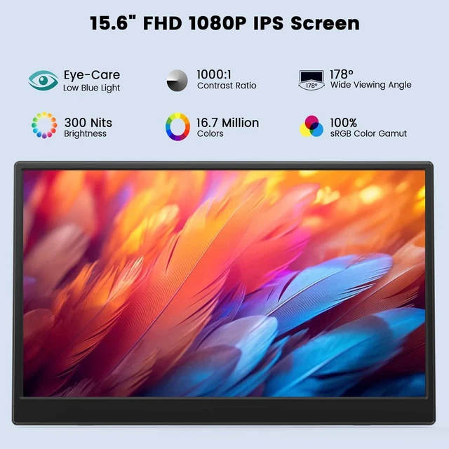 Alt view image 5 of 7 - Portable Monitor, 15.6 Inch 1080P FHD IPS Screen Extender - Black Portable Monitor for Laptop with Kickstand, Ultra-Slim Second Screen with USB-C, Mini HDMI