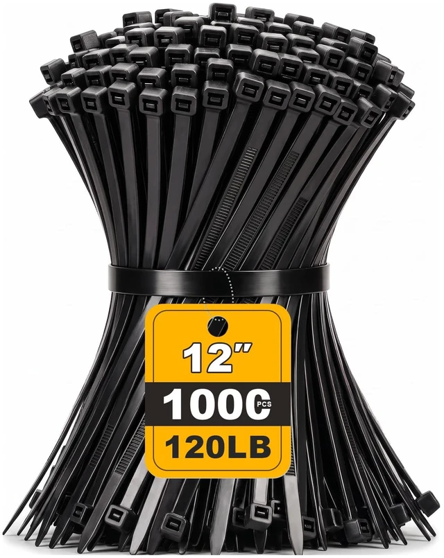 Main image of 12 Inch Zip Ties,120LBS,0.3In Thick, 1000Pack, Black Cable Ties Self-Locking,Premium Nylon 66,120LBS Tensile Strength,UV&Weather Resistant,Indoor Outdoor General Use