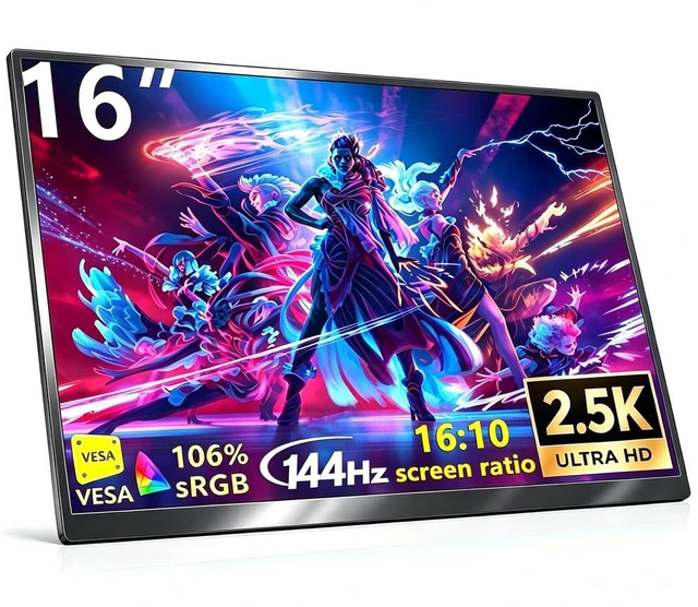 Main image of 16 Inch 2.5K QHD Portable Monitor, 144Hz USB-C 16:10 Gaming Monitor 2560x1600 HDR second screen for laptop, MacBook, PC, PS5 and Xbox, with HDMI, VESA mounting holes and 180° portrait stand