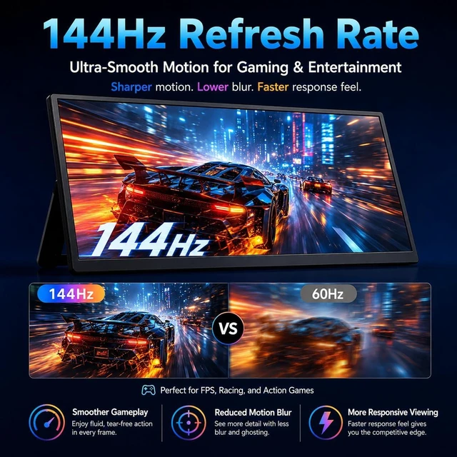 Alt view image 2 of 7 - 16 Inch 2.5K QHD Portable Monitor, 144Hz USB-C 16:10 Gaming Monitor 2560x1600 HDR second screen for laptop, MacBook, PC, PS5 and Xbox, with HDMI, VESA mounting holes and 180° portrait stand