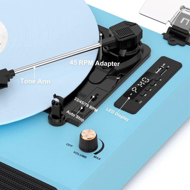 Alt view image 7 of 7 - Bluetooth Turntable Vinyl Record Player, 3-Speed Record Player with Built-in Speakers,USB Recording, AUX in Auto Stop, Belt-Drive LP Player Blue