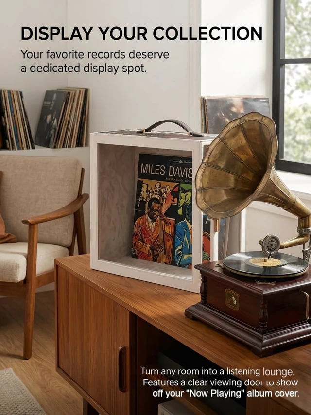Alt view image 2 of 7 - Vinyl Record Storage Box with Clear Display Window, Vintage Portable LP Case with Side-Opening Door, Holds Up to 35 Albums (12-Inch), Retro Gramophone PU Leather Record Holder for Audiophiles