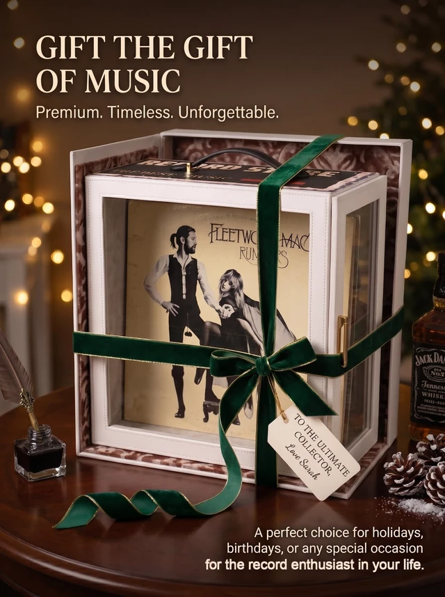 Alt view image 7 of 7 - Vinyl Record Storage Box with Clear Display Window, Vintage Portable LP Case with Side-Opening Door, Holds Up to 35 Albums (12-Inch), Retro Gramophone PU Leather Record Holder for Audiophiles