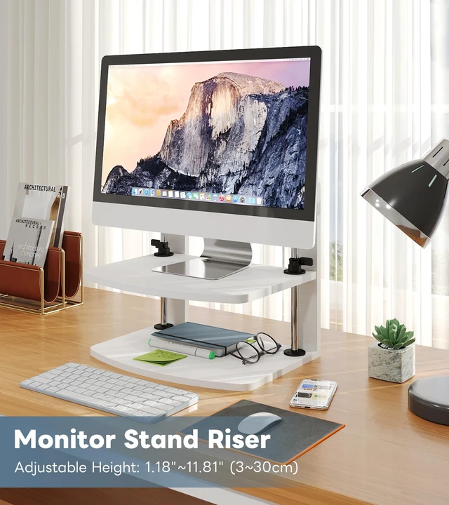 Alt view image 2 of 7 - 15.6 14 13.3 Inch Laptop Computer Monitor Stand Riser for Reduced Neck Strain, Adjustable Height Desk Shelf Organizer Monitor Riser Stand for PC Monitor Laptop - Withe - Wood Grain, MR01-L