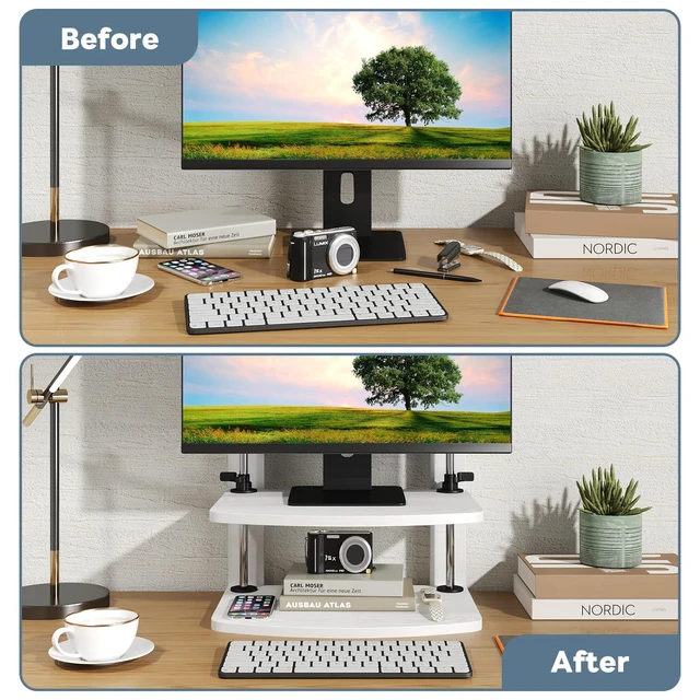 Alt view image 4 of 7 - 15.6 14 13.3 Inch Laptop Computer Monitor Stand Riser for Reduced Neck Strain, Adjustable Height Desk Shelf Organizer Monitor Riser Stand for PC Monitor Laptop - Withe - Wood Grain, MR01-L