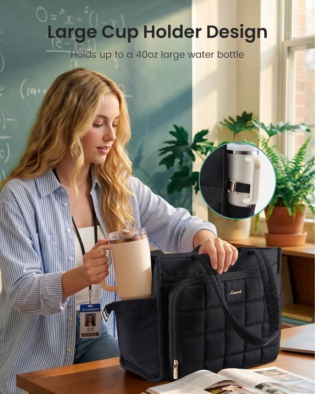 Alt view image 4 of 7 - Teacher Tote Bag for Women Work Laptop Purse With Large Cup Holder Large Puffer Nurse Handbag Bible Diaper Tote for Gifts, Waterproof Computer Bag for Business Travel Office College