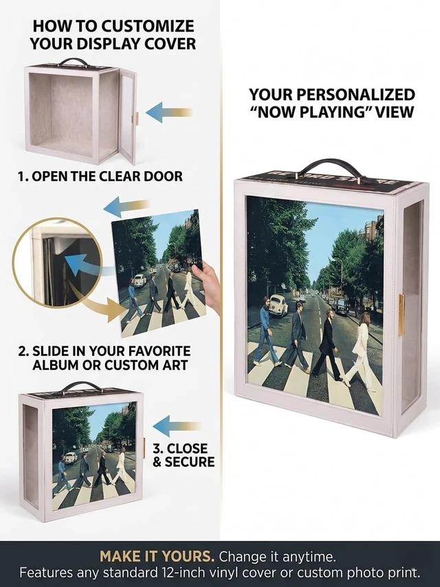 Alt view image 6 of 7 - Vinyl Record Storage Box with Clear Display Window, Vintage Portable LP Case with Side-Opening Door, Holds Up to 35 Albums (12-Inch), Retro Gramophone PU Leather Record Holder for Audiophiles