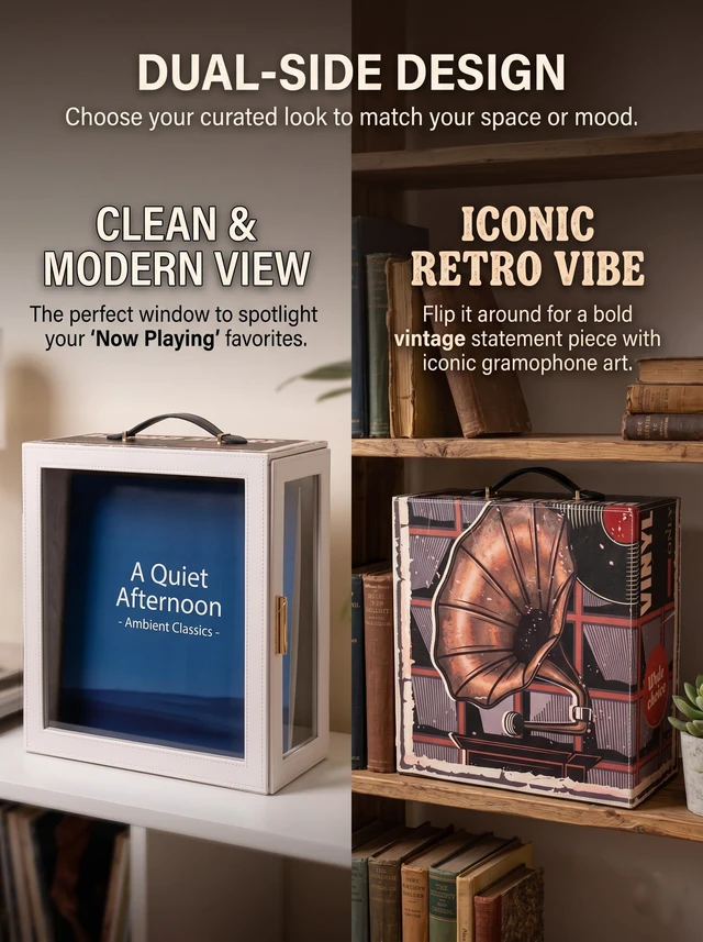 Alt view image 4 of 7 - Vinyl Record Storage Box with Clear Display Window, Vintage Portable LP Case with Side-Opening Door, Holds Up to 35 Albums (12-Inch), Retro Gramophone PU Leather Record Holder for Audiophiles