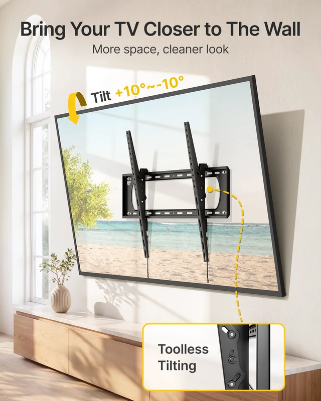 Alt view image 4 of 7 - Heavy Duty Tilting TV Wall Mount for 50-100 Inch TVs up to 220 lb ±10° tool-free tilt reduces glare; 4X load tested, one-piece wall plate, max VESA 900x600mm, 16/18/24/32" wood-stud spacing