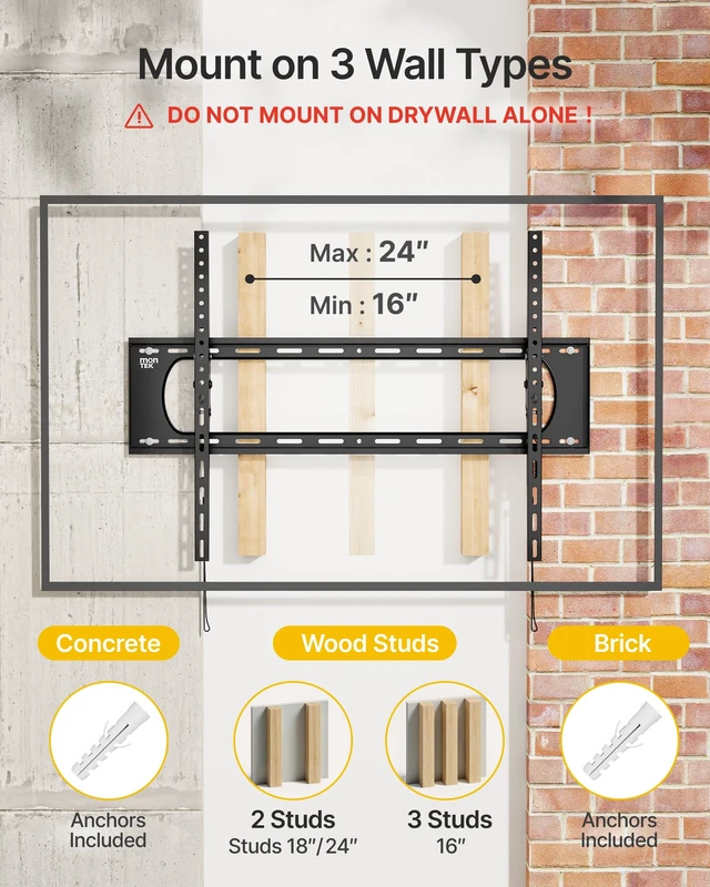 Alt view image 6 of 7 - Heavy Duty Tilting TV Wall Mount for 50-100 Inch TVs up to 220 lb ±10° tool-free tilt reduces glare; 4X load tested, one-piece wall plate, max VESA 900x600mm, 16/18/24/32" wood-stud spacing